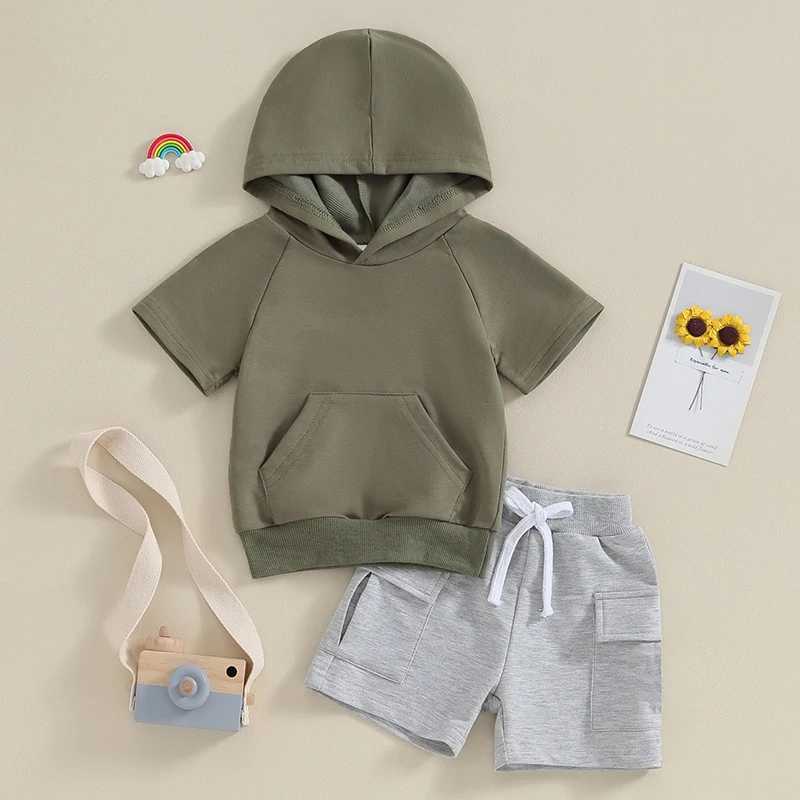 Clothing Sets Toddler Boys Summer Outfits Solid Color Hooded Short Sleeve T-Shirts Tops and Pockets Elastic Waist Shorts 2Pcs Clothes Set W2DY