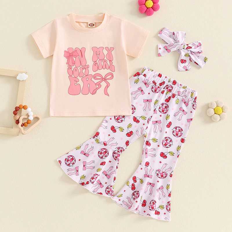 Clothing Sets 2024-04-22 Lioraitiin Kids Girls Summer Outfits Letter Print Short Sleeve T-Shirt and Floral/Bow Print Flare Pants Headbands Set ZTUF
