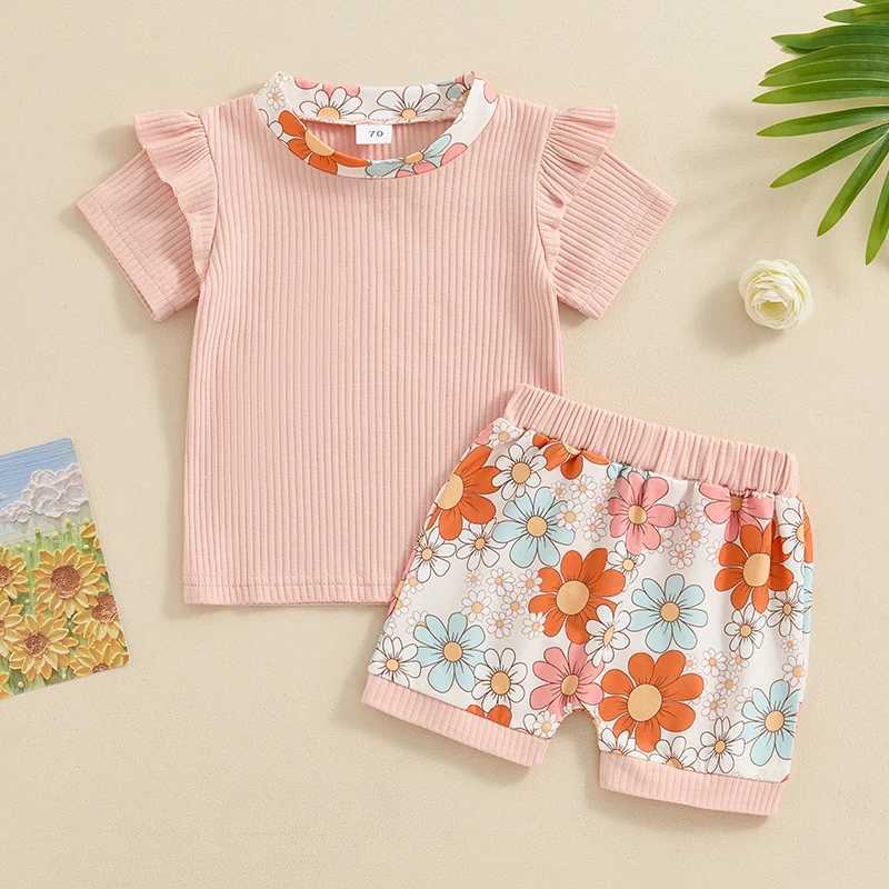Clothing Sets 2024-03-25 Lioraitiin 0-3Y Summer Baby Girls 2PCS Clothes Sets Pink Short Sleeve Crewneck Ruffle Tops Floral Shorts Sets