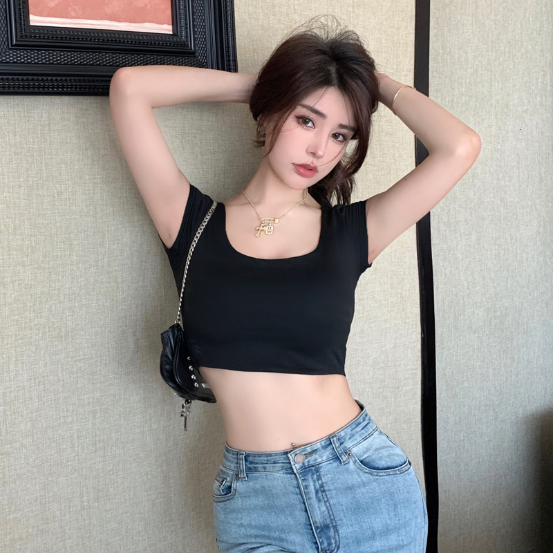 Spring and summer new sleeved tight fitting slimming square neck T-shirt Korean version short cut exposed navel solid color versatile top women's