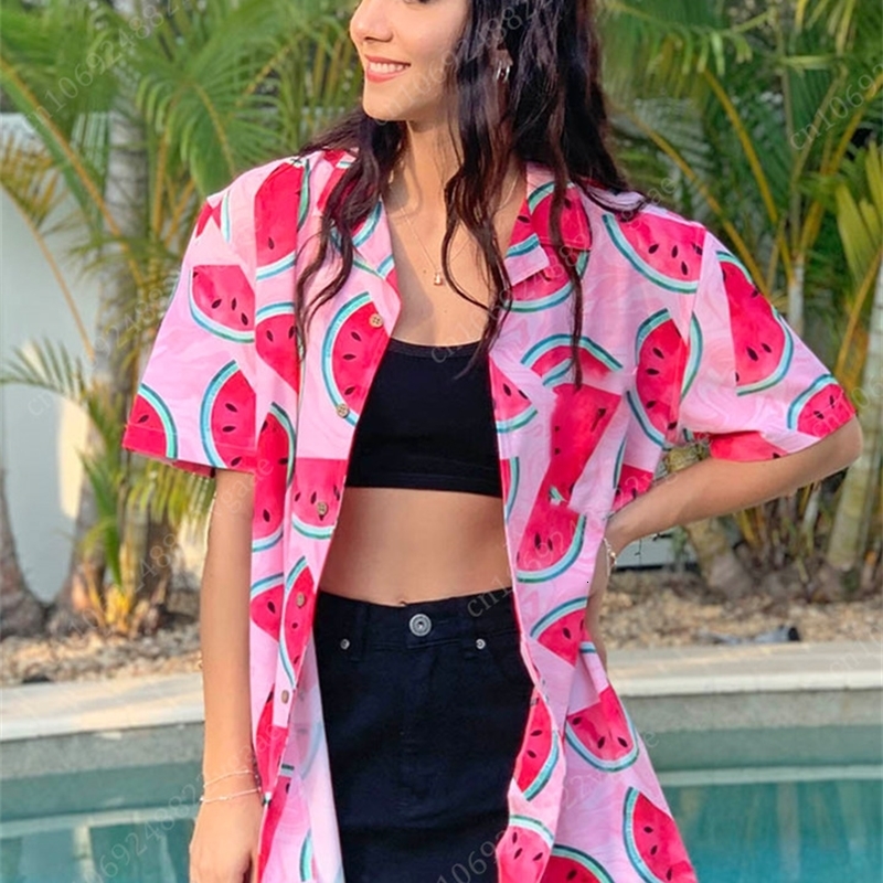 Summer Women Hawaiian Shirt Watermelon Print Ladies Tropical Luau Aloha Blouse Top Vacation Clothes Button Up 240627