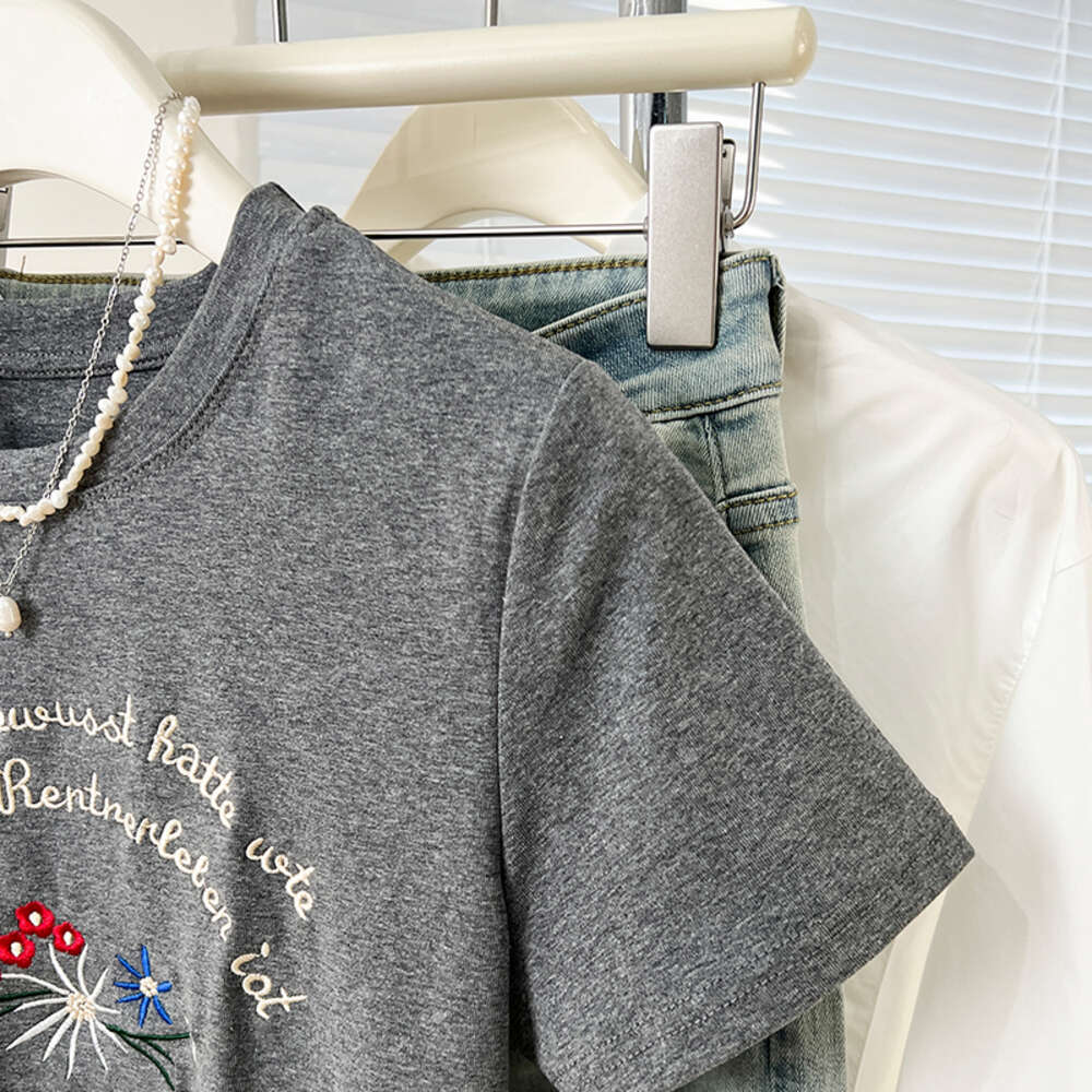 #Grey letter flower embroidery pure cotton shoulder sleeved T-shirt for women's and summer slim fit short top