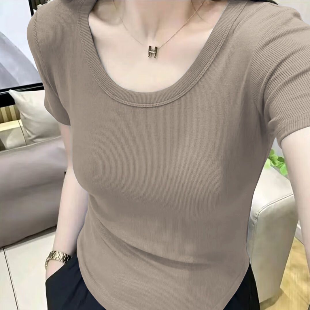 Summer new U-shaped hem shoulder sleeved top women, solid color, simple design, versatile short T-shirt for women