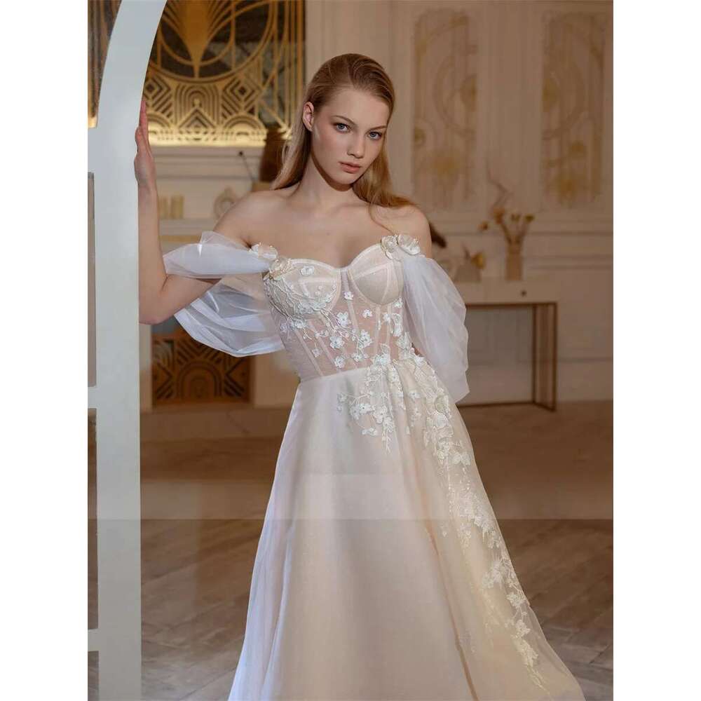 Off-Shoulder 3D wers Fabric Cap Sleeves Wedding Dresses Backless And Lace Up Bridal Ball Gowns