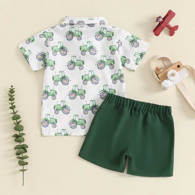 Clothing Sets 2024-05-17 Lioraitiin Toddler Boys Summer Outfits Bowtie Tractor Print Turn-Down Collar Short Sleeve Shirts Tops Shorts 2Pcs Set