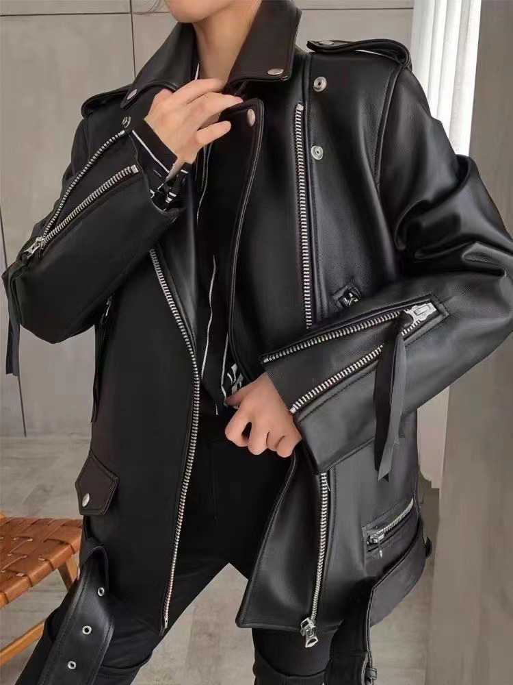 Designer Jacket Women Leather Coat Montage Long Sleeved Lapel Diagonal Zipper Simulated Leather Motorcycle Short Jackets Womens Handsome Top