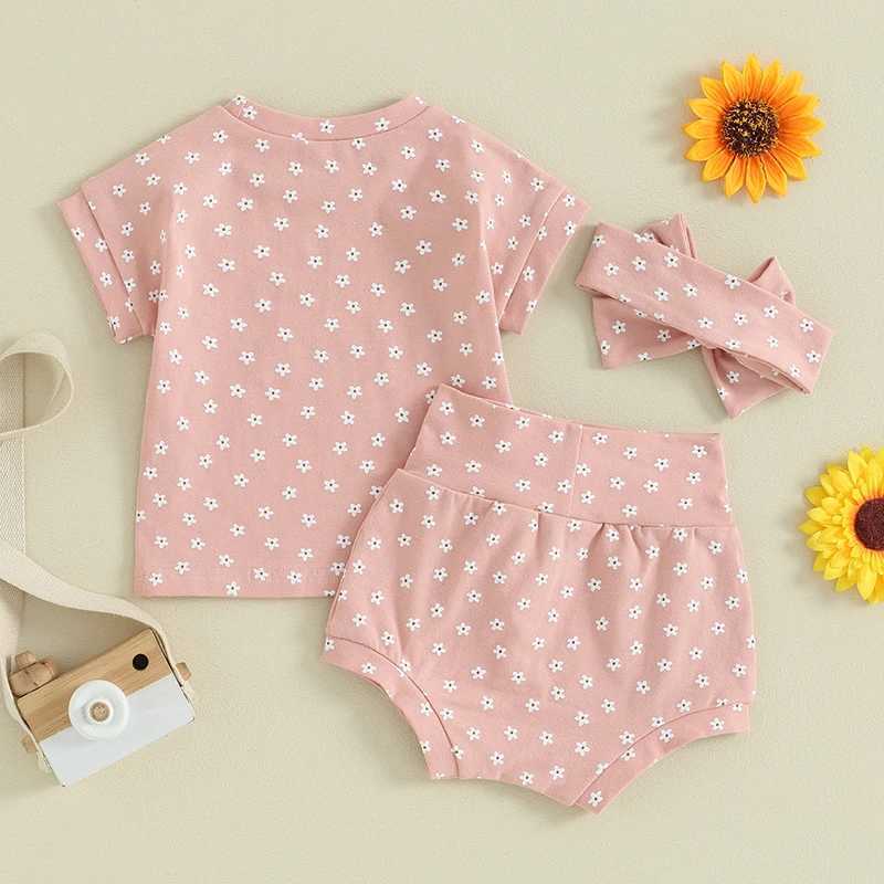 Clothing Sets Lioraitiin Newborn Baby Girl Clothing Sets Kids Cotton Floral Print Short Sleeve Pullover T-shirts+High Waist Shorts+Headwear