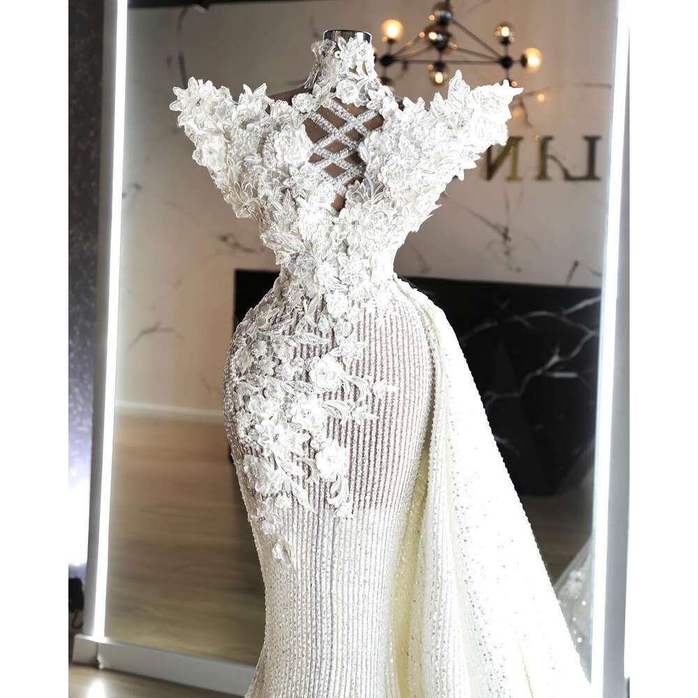 Saudi Arabic Dresses High Collar Appliques Lace Bridal Gowns Custom Made DetachableTrain Mermaid Wedding Dress