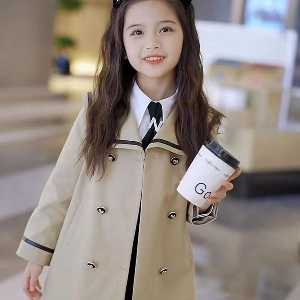 Girls Trench Coat Sailor Collar Spring Autumn Preppy Style Double Breasted Korean Mid-length Fashionable 5-12 Years Old 240713