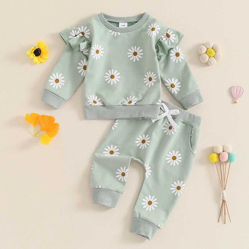 Clothing Sets 2024-05-24 Lioraitiin Toddler Girl Fall Outfit Daisy Print Long Sleeve Sweatshirt with Elastic Waist Pants 2 Pcs Set