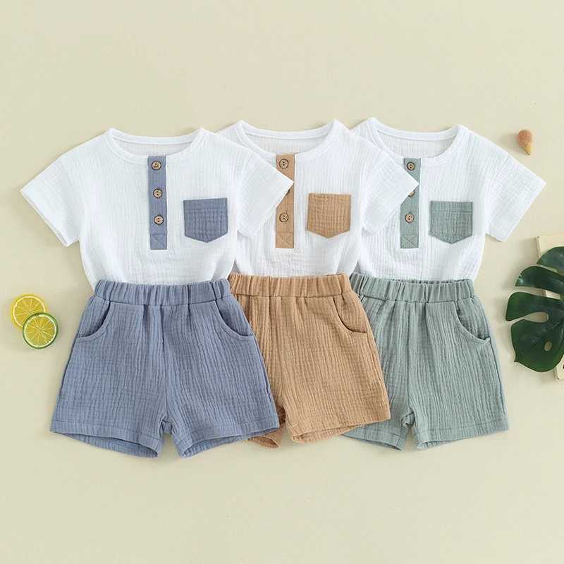 Clothing Sets Cotton Linen Kids Clothes Outfit Summer Boy Clothing Sets Short Sleeve Round Neck Pocket Tops Shorts Children Clothing 0-3 Years P9K1