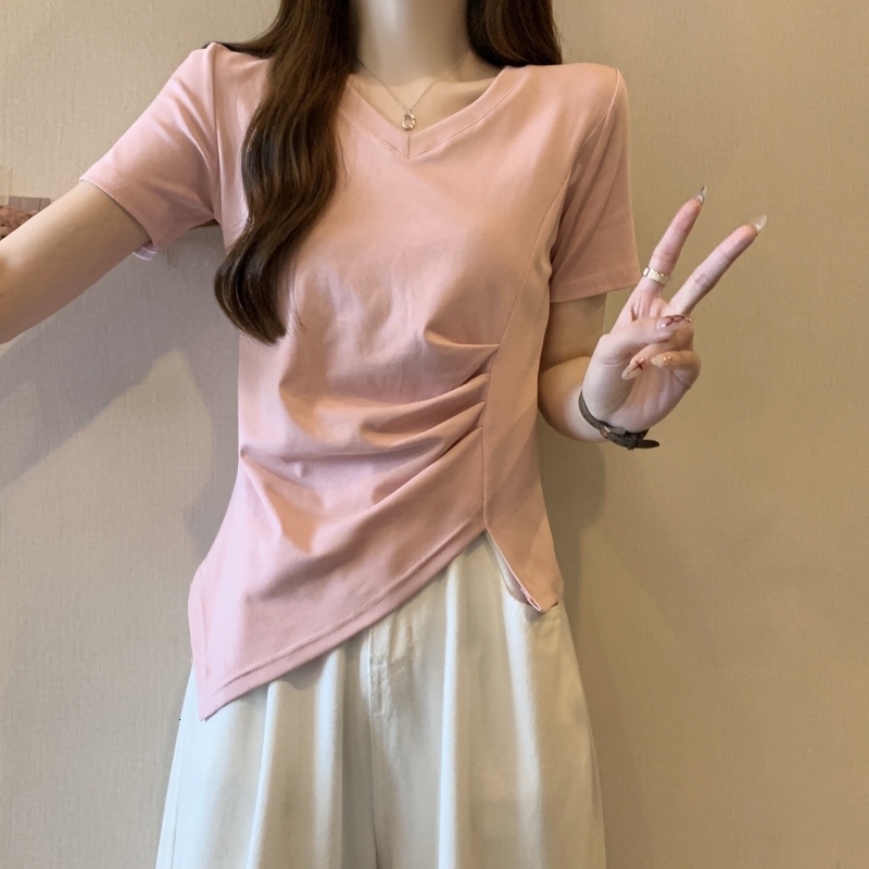 Large size shoulder new style internet famous European goods irregular fold waist collection short sleeved popular pink t-shirt slim fit top for women