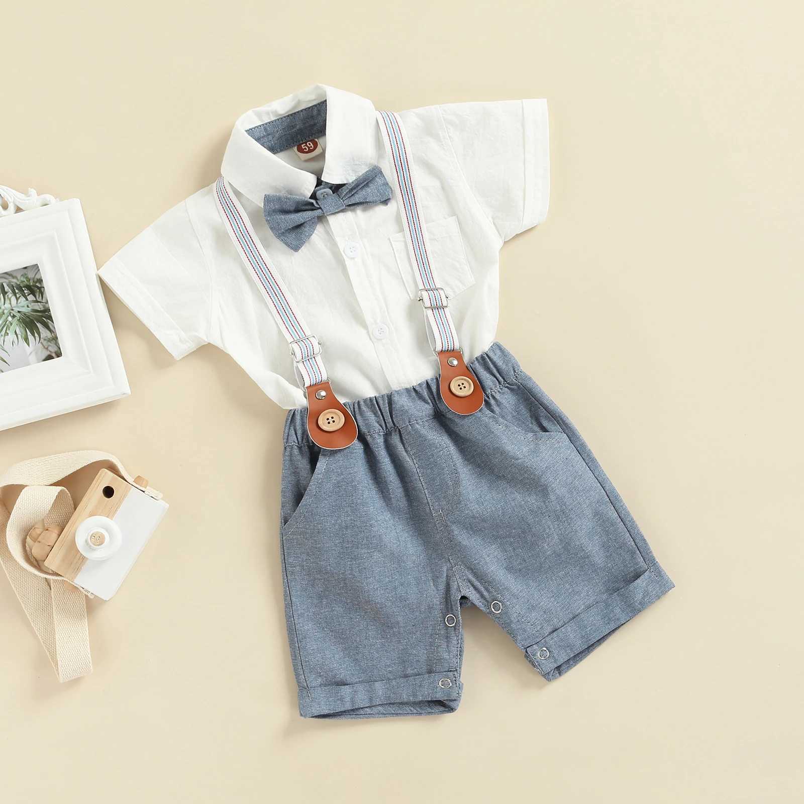 Clothing Sets Kid Boys Short-Sleeve Tops Suspender Pants Suit Summer Lapel Neck Button Romper Shirt Casual Short Pants Boy Clothing Set
