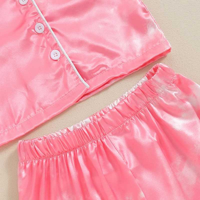 Clothing Sets 2024-04-18 Lioraitiin Kids Girls Summer Pajama Sets Short Sleeve Lapel Tie Dye Print Shirt Shorts Sleepwear Casual Homewear