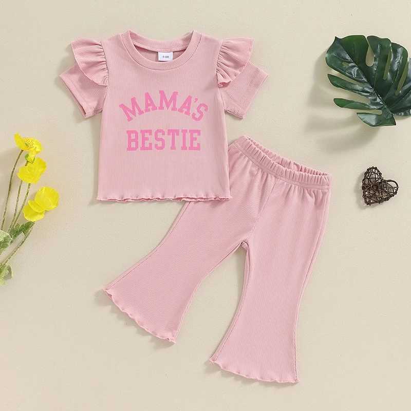 Clothing Sets 2024-04-18 Lioraitiin Little Girls Summer 2PCS Pants Sets Flying Sleeve Letter Print Tops Flared Pants Sets