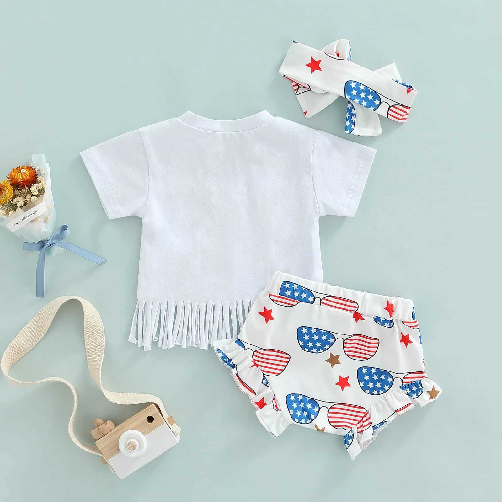 Clothing Sets 2022-03-09 Lioraitiin 0-24M Newborn Infant Baby Girl 3Pcs Independence Day Summer Clothing Letter Printed Shirt Stars Shorts