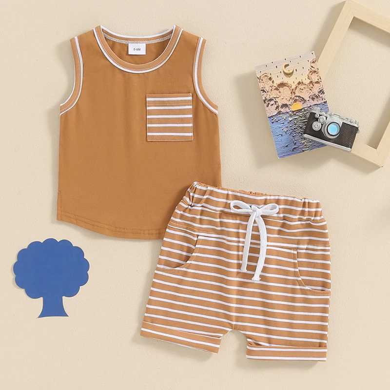 Clothing Sets 2024-03-04 Lioraitiin Toddler Boys Summer Outfits Pocket Sleeveless Tank Tops and Stripe Elastic Waist Shorts Clothes Set