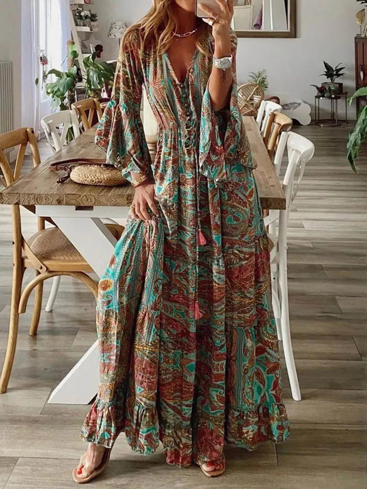 Women Bohemian Beach Maxi Dress Spring Summer Casual V-Neck Long Sleeve Dresses Female Vintage Floral Print Long Dress Vestidos 240710
