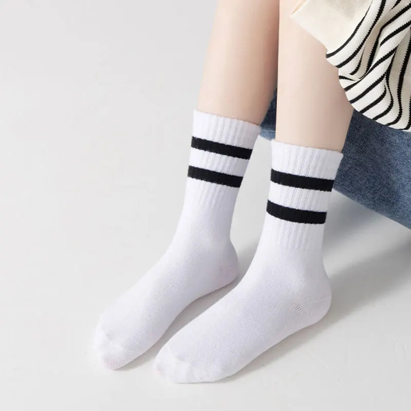 5 Pairs/Lot 3-15 Years Socks Spring Autumn Kids Boys and Girls Solid White Sport Socks Double Stripe Cotton Student Teen Socks 240715
