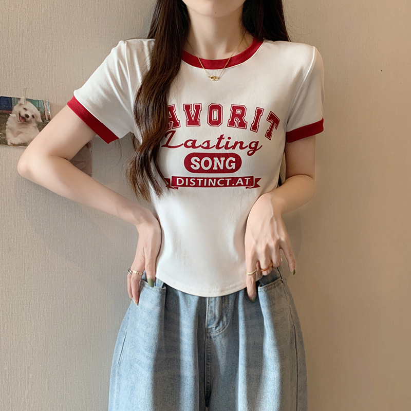 2024 Summer New Fat MM Large Women's Korean Edition Contrast Letter Printed Shoulder Short sleeved T-shirt