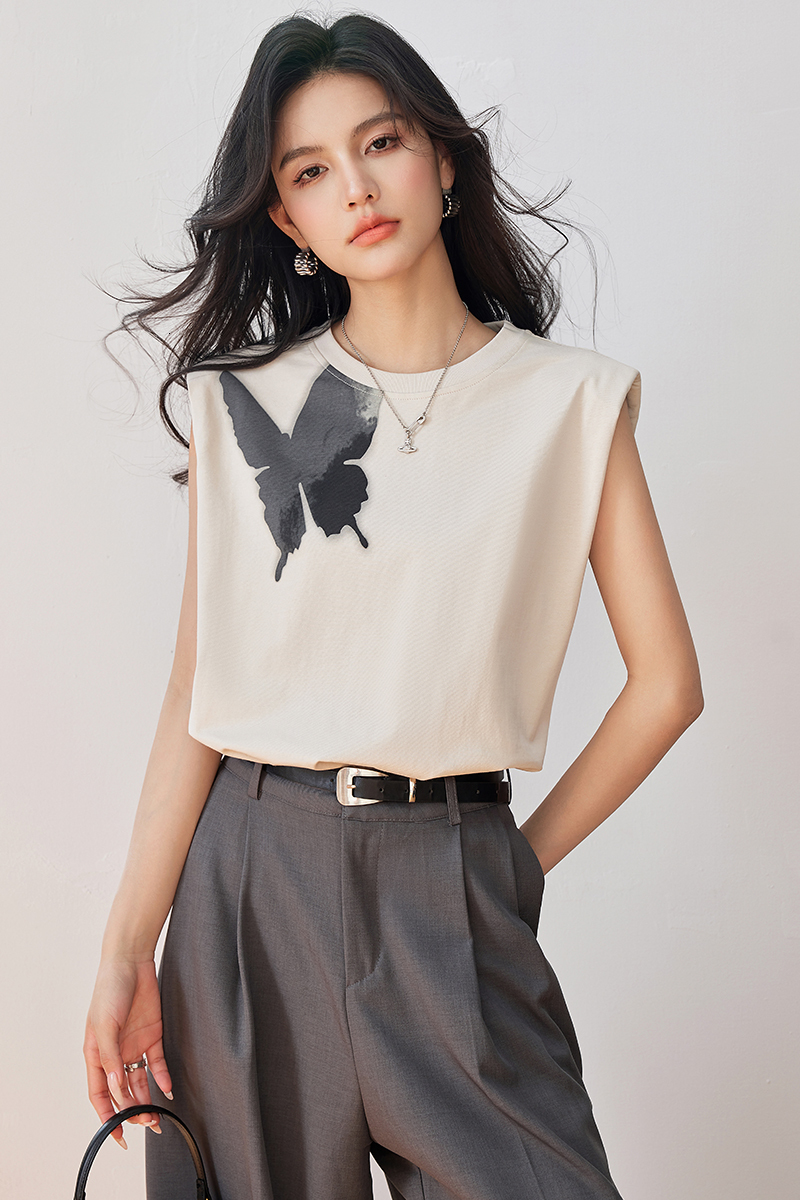 Butterfly silhouette printed pure cotton T-shirt vest women's top 2024 summer new half skirt