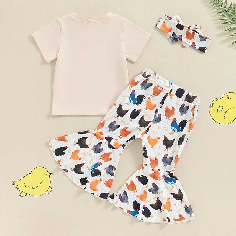 Clothing Sets 2024-04-18 Lioraitiin Kids Girls Flare Pants Set Farm Chicken Short Sleeve O-Neck Tops Long Trousers Cartoon Headpiece Outfits