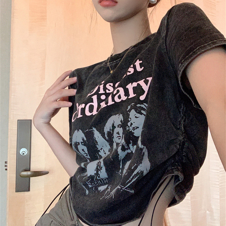 Official photo/26 count pure cotton washed/short sleeved t-shirt women's drawstring short style spicy girl exposed navel top