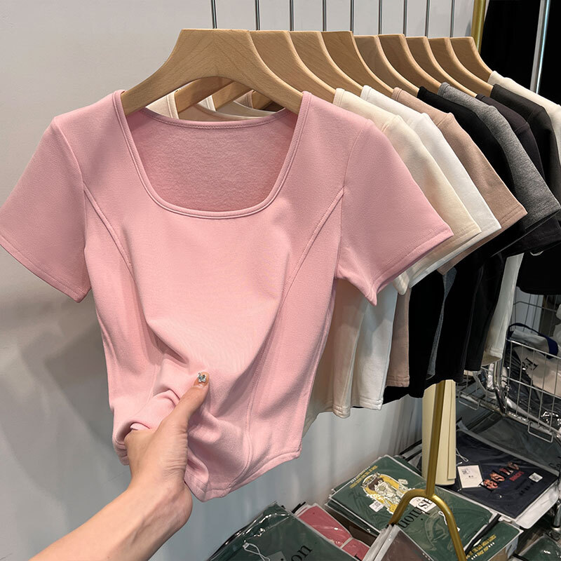 Square neck sleeved t-shirt for women in summer with a niche design, slim fit and pure desire, short fishbone top