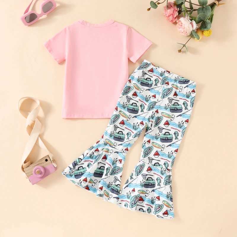 Clothing Sets 2024-04-30 Lioraitiin Baby Girl 2Pcs Summer Outfits Short Sleeve Fish Print T-shirt Tops + Flare Pants Set Toddler Clothes