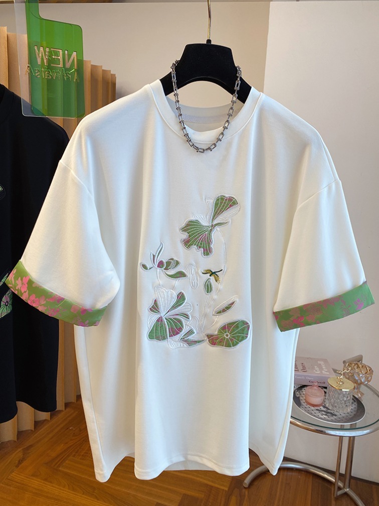 26 count pure cotton 300 jin lotus pond moonlight new Chinese style embroidered T-shirt women's short sleeved summer top