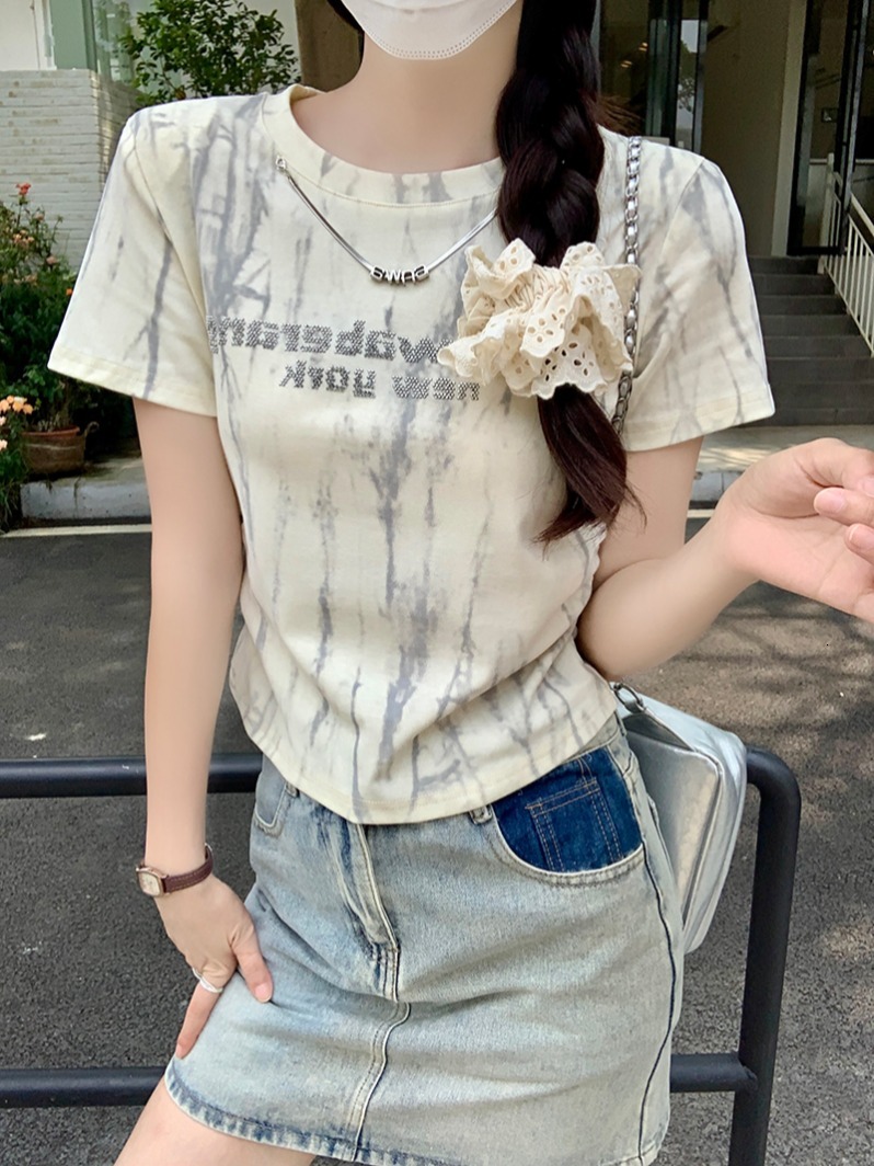 210g threaded short sleeved T-shirt with summer print, front shoulder slim fit, round neck top, Korean version, women's clothing