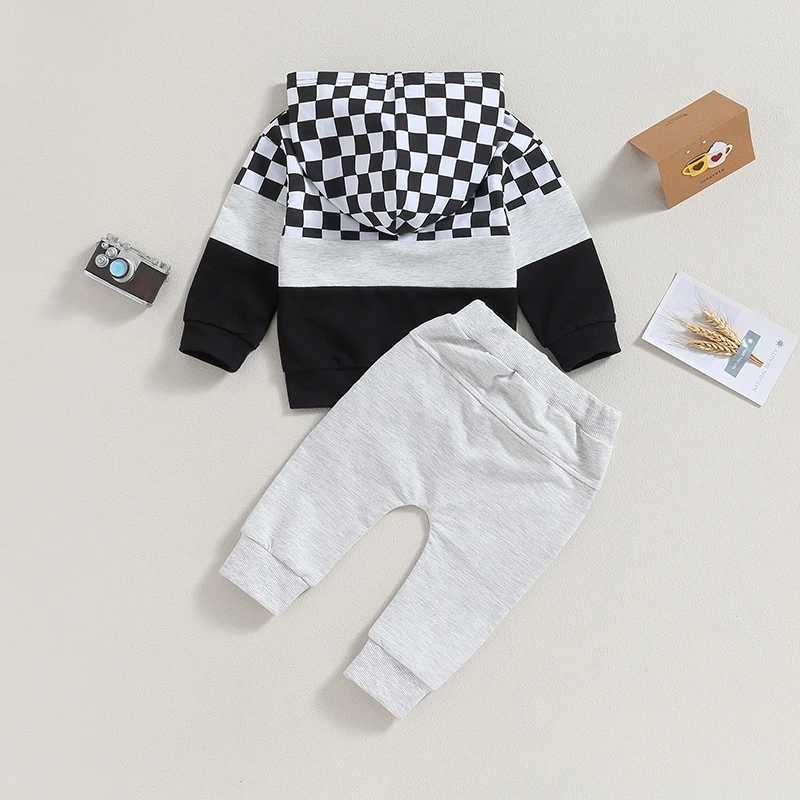 Clothing Sets 2023-07-14 Lioraitiin 0-3Y Autumn Baby Boys Clothes Sets Long Sleeve Plaid Patchwork Hoodie Tops with Elastic Waist Pants