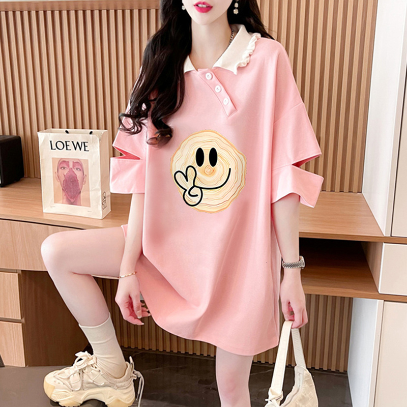 First release of pure cotton short sleeved for women in summer 2024, loose mid to long POLO collar top T-shirt