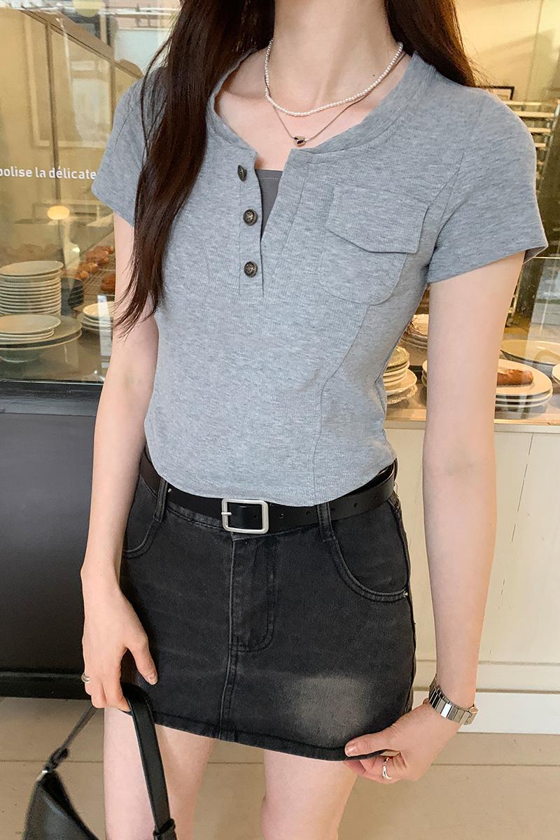 Pocket decoration temperament shoulder short sleeved T-shirt for women's summer 2024 new small top