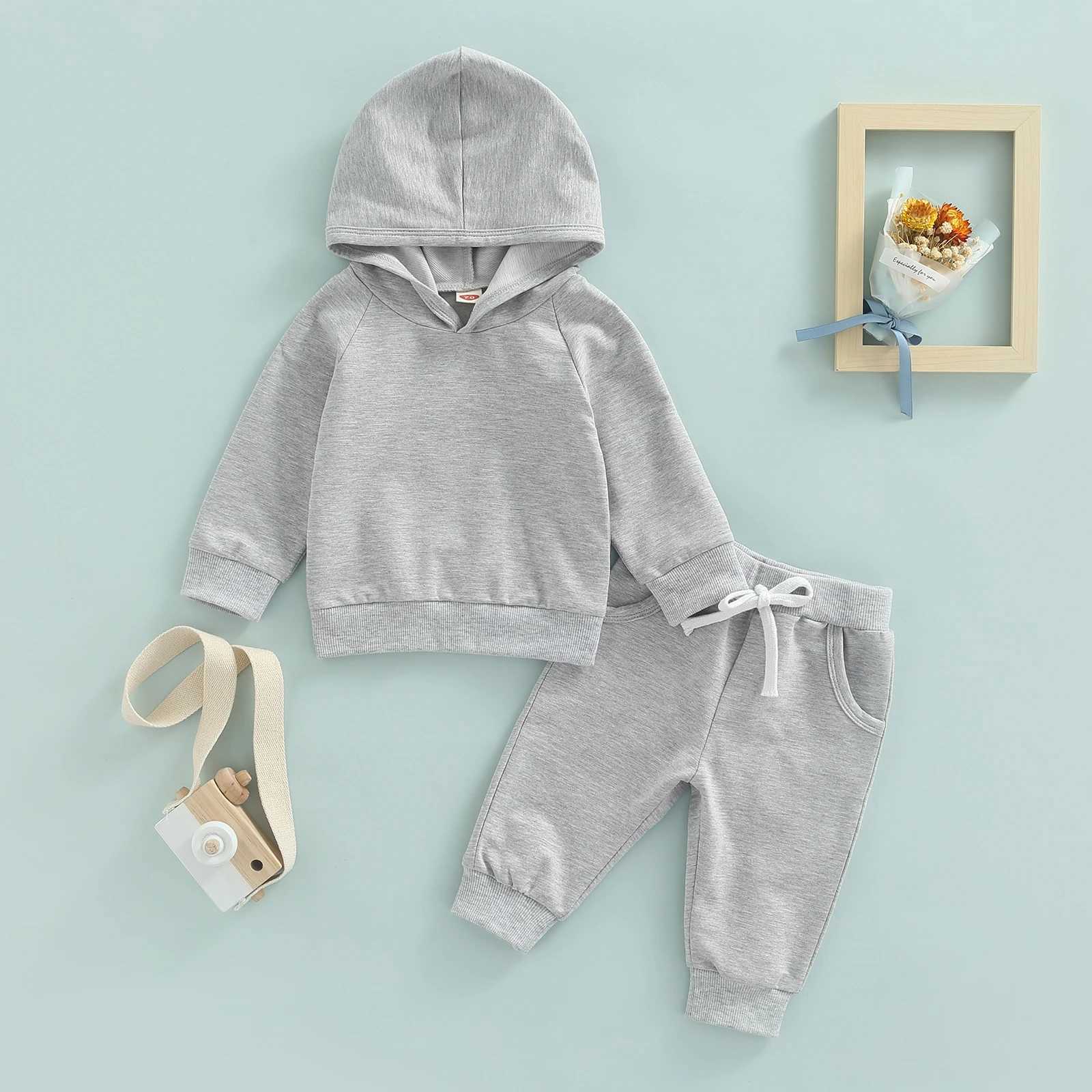 Clothing Sets 2022-05-23 Lioraitiin 0-3Years Baby Girls Boys Sportswear Outfit Solid Pullover Hoodie Sweatshirt Tops Drstring Pant