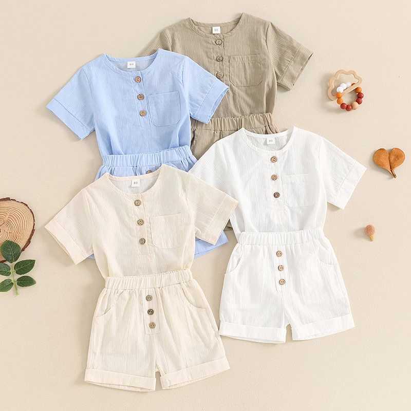 Clothing Sets 2024-04-16 Lioraitiin Kids Boys Shorts Set Single Breasted Round Neck T-shirt Tops Soft Solid Color Shorts Casual Outfits