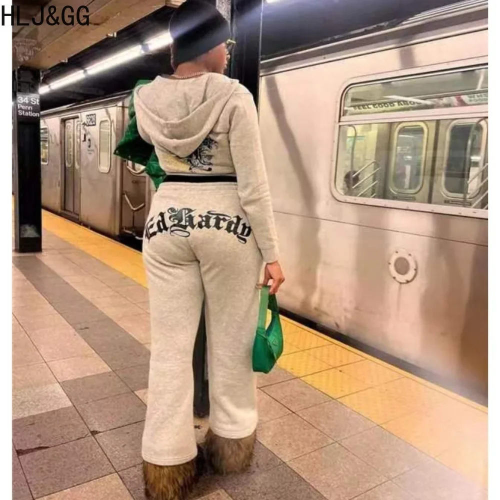 HLJ GG Fashion Streetwear Women Pattern Printing Zipper Long Sleeve Crop Top And Jogger Pants Two Piece Sets Casual 2pcs Outfits 240701