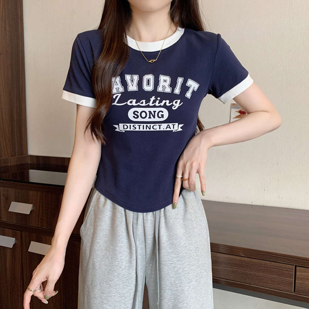 2024 Summer New Fat MM Large Women's Korean Edition Contrast Letter Printed Shoulder Short sleeved T-shirt