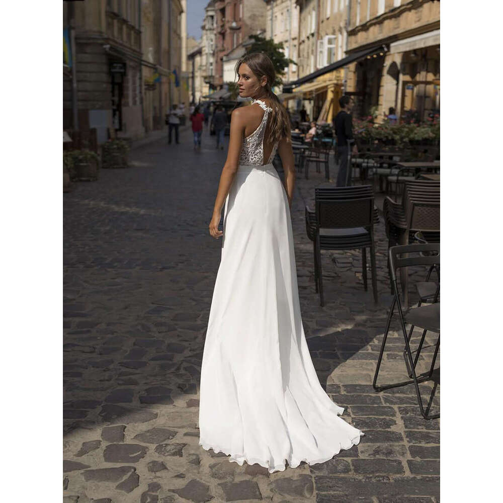 LoveDress Simple Halter Collar White Sexy High Split Jewel Neck Chiffon Boho Bridal Dress Beach Wedding Gowns