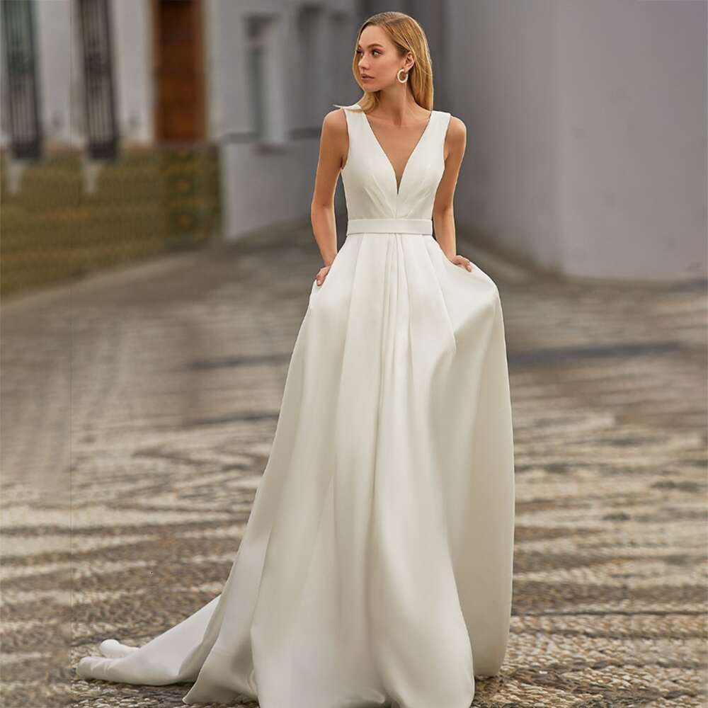 LoveDress Deep V-Neck Sleeveless Wedding Dress For Women Pleats A-e Simple Button Bride Gowns Satin Train Vestido de novia
