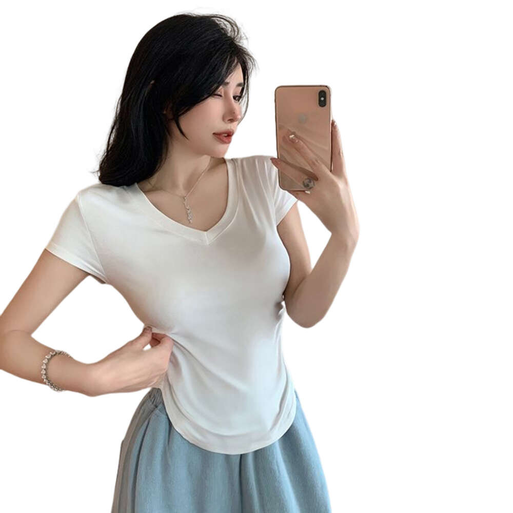 JoyingFeng style Fengshen V-neck sleeved T-shirt for women's summer thin design, pure desire to pair with slim fit short top
