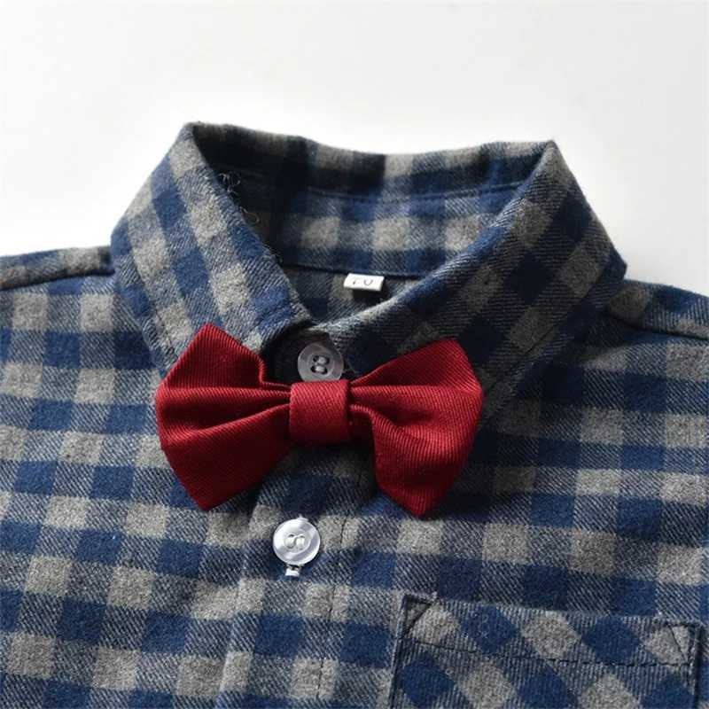 Clothing Sets Boys Autumn 2PCS Clothing Children Kid Outfit Sets Long Sleeve Lapel Button Up Plaid Shirt Blue Suspender Pants Sets