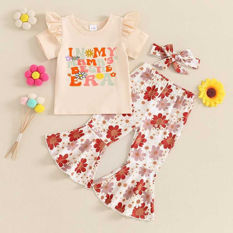 Clothing Sets 2024-03-13 Lioraitiin 6M-4Y Kid Girls Summer 3PCS Pants Sets Short Sleeve Letter Print Tops Floral Flared Pants Headband Sets