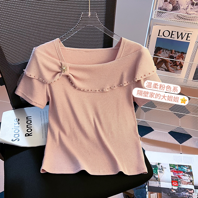 2024 Summer New Chinese Style High end Fashion Customized Bead One neck Small Fresh Simple Versatile Short sleeved T-shirt for Women