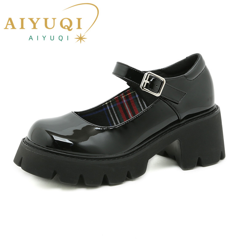 Patent Leather Mary Janes Women - Chunky Heel Loafers with One-Word Buckle for Girls 4 OneWord