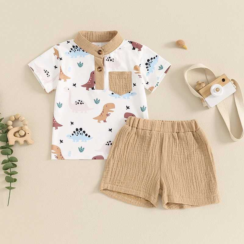 Clothing Sets 2024-04-01 Lioraitiin Summer Toddler Baby Boy Outfits Short Sleeve Band Collar Dinosaur Print T-Shirt+Shorts Set Casual Clothes