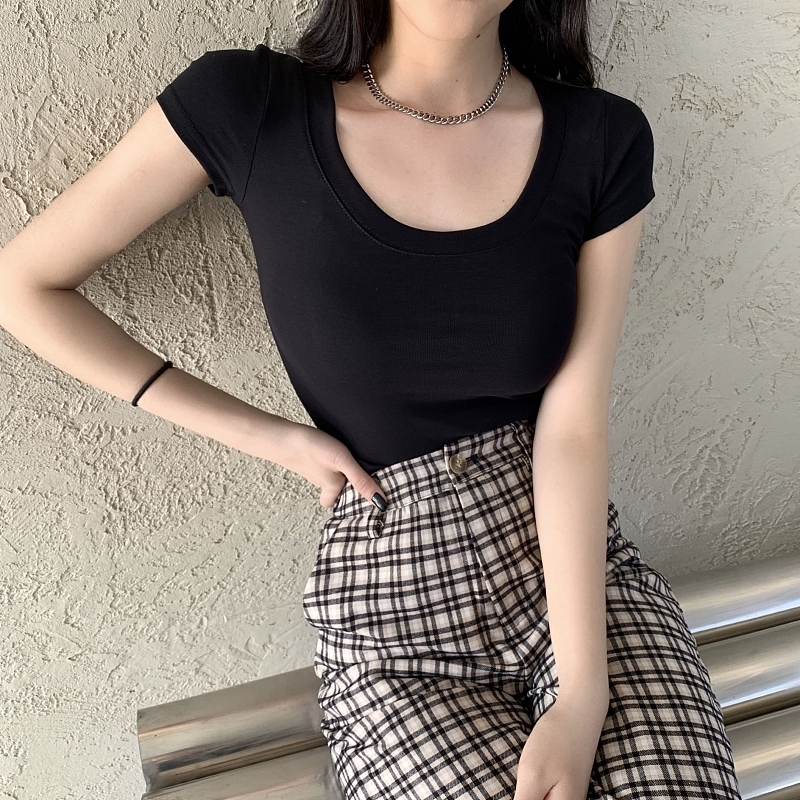 T-shirt women's sleeved tight summer new short top, pure cotton base shirt, trendy inner layer