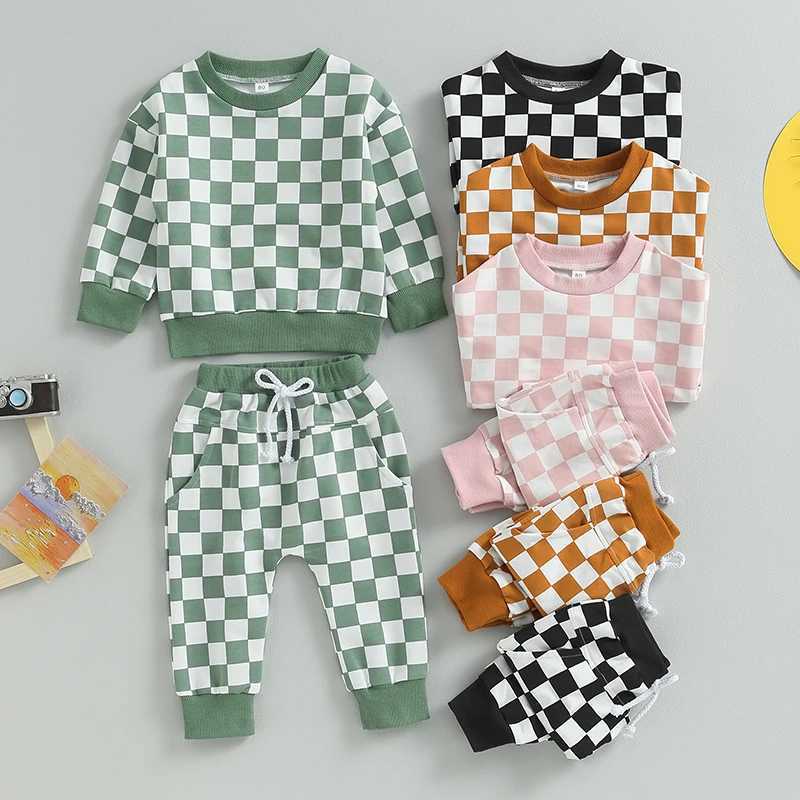 Clothing Sets 2023-06-06 Lioraitiin 0-5Years Toddler Girls Boys 2Pcs Fall Clothing Outfit Plaid Long Sleeve Crew Neck Hoodie Sweatpants Set