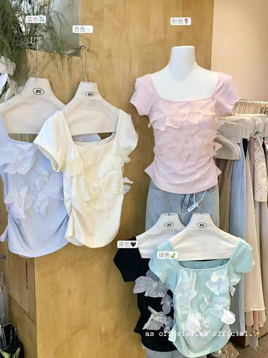 Guangzhou Thirteen Rows Women's High end European Top Light Mint Manwave Green Bow Short Sleeve Square Neck T-shirt Summer