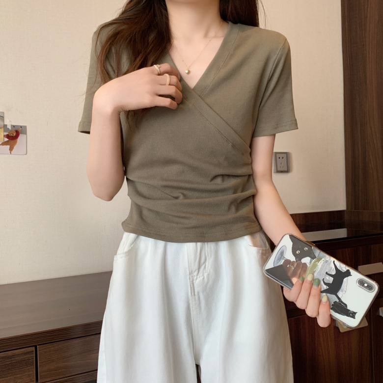 Cross V-neck sleeved T-shirt for women in summer, slim fit and slimming short style